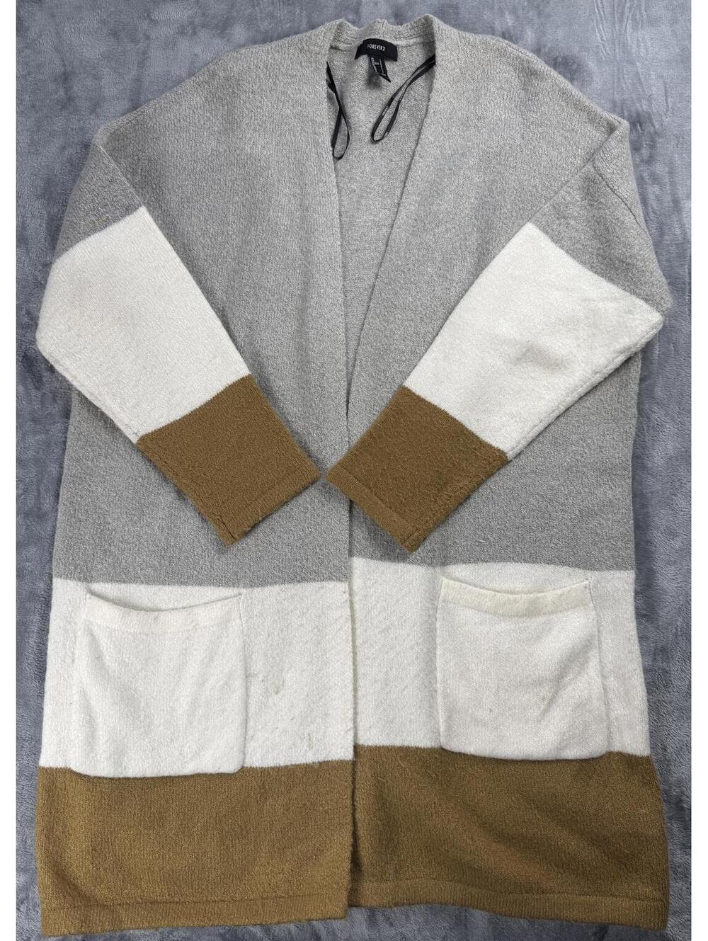 FOREVER 21 Long Open Front Fuzzy Color Block Gray Brown Cardigan Pockets Size L